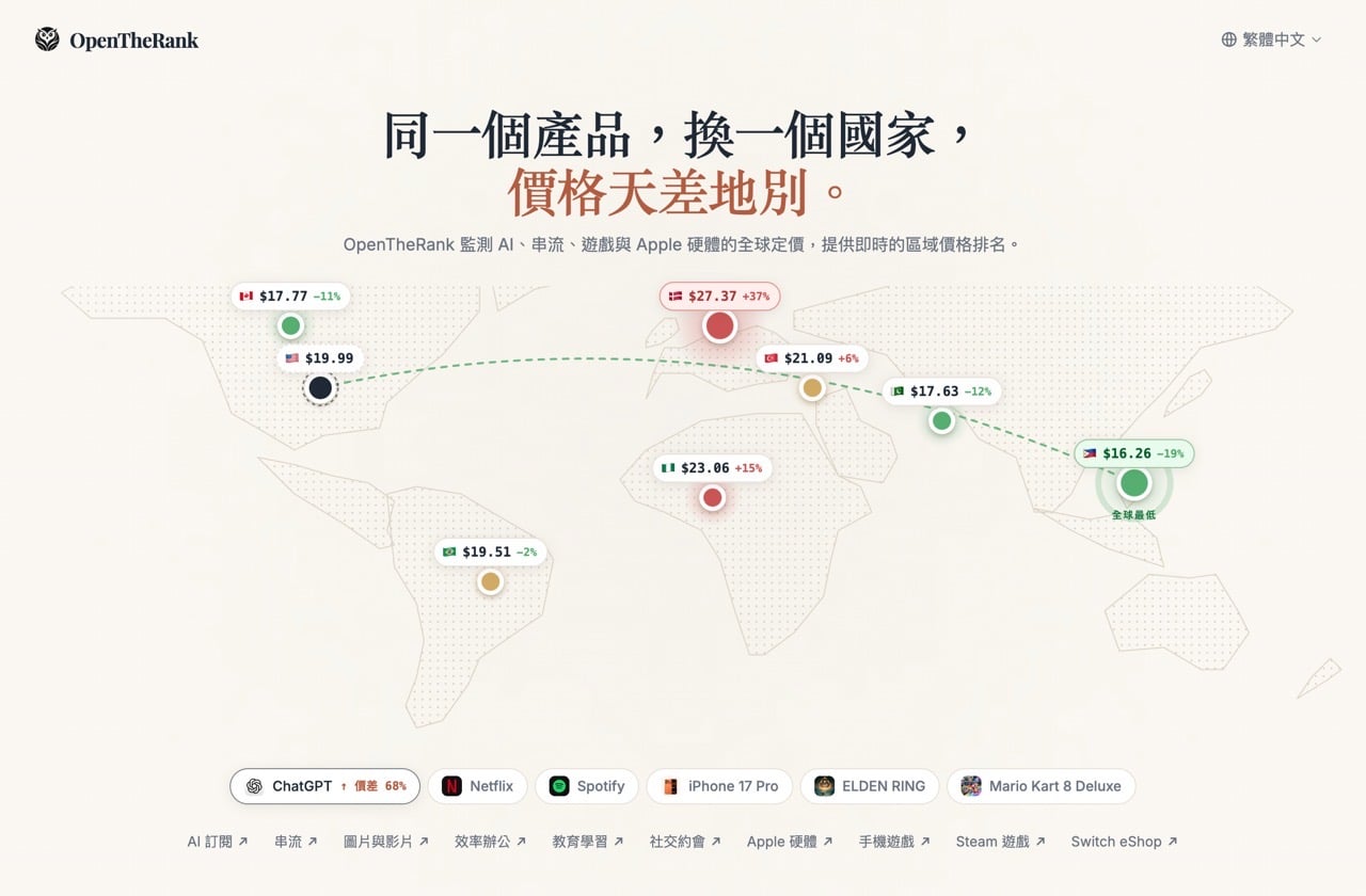 OpenTheRank 各國訂閱價格比較工具，查詢 ChatGPT、Netflix、Steam 遊戲哪個地區最便宜